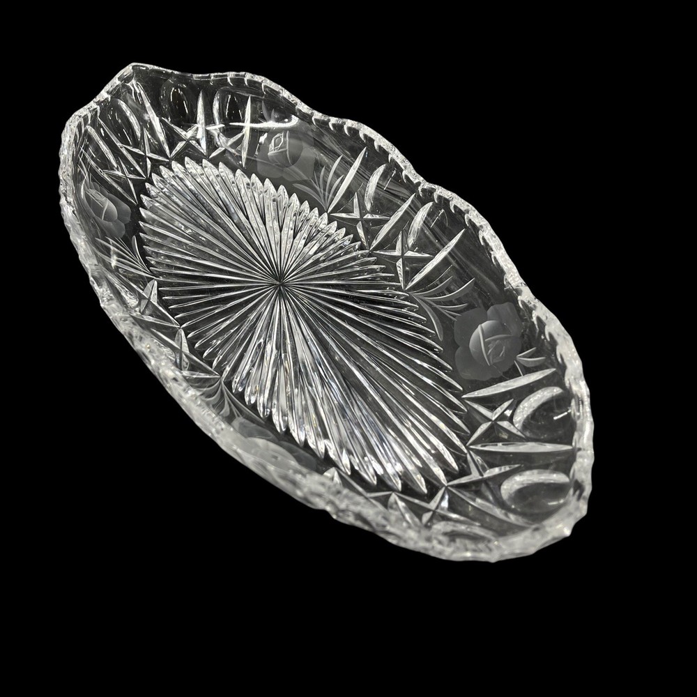 Vintage Cut Crystal Oval Celery Relish Dish Scalloped Bowl Etched Cut Flowers