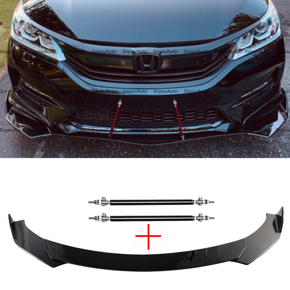For Honda Civic SI Sedan Coupe Front Bumper Lip Spoiler + Strut Rods Gloss Black