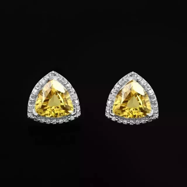2CT Trillion-Cut Simulated Citrine Halo Stud Earrings in 14K White Gold Plate