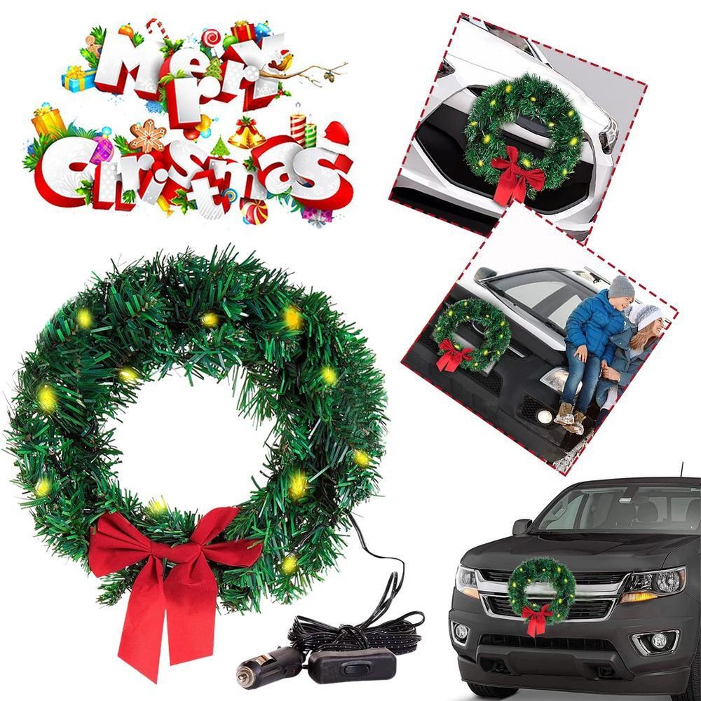 Christmas Car Flower Wreath with Lamp Flower Wreath Christmas Decoration Pe D9N5