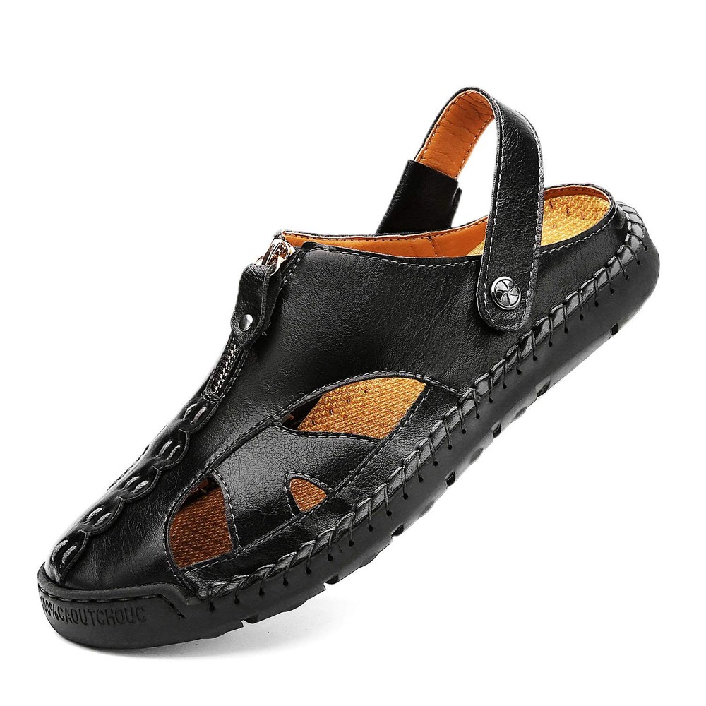 Men's Adjustable Closed-Toe Leather Fisherman Sandals for Casual Beach Wear