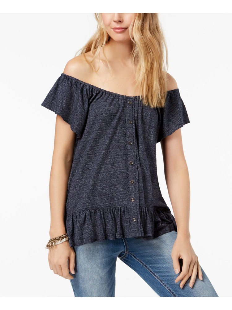 Lucky Brand Womens Navy Off Shoulder Peplum Top in Size M