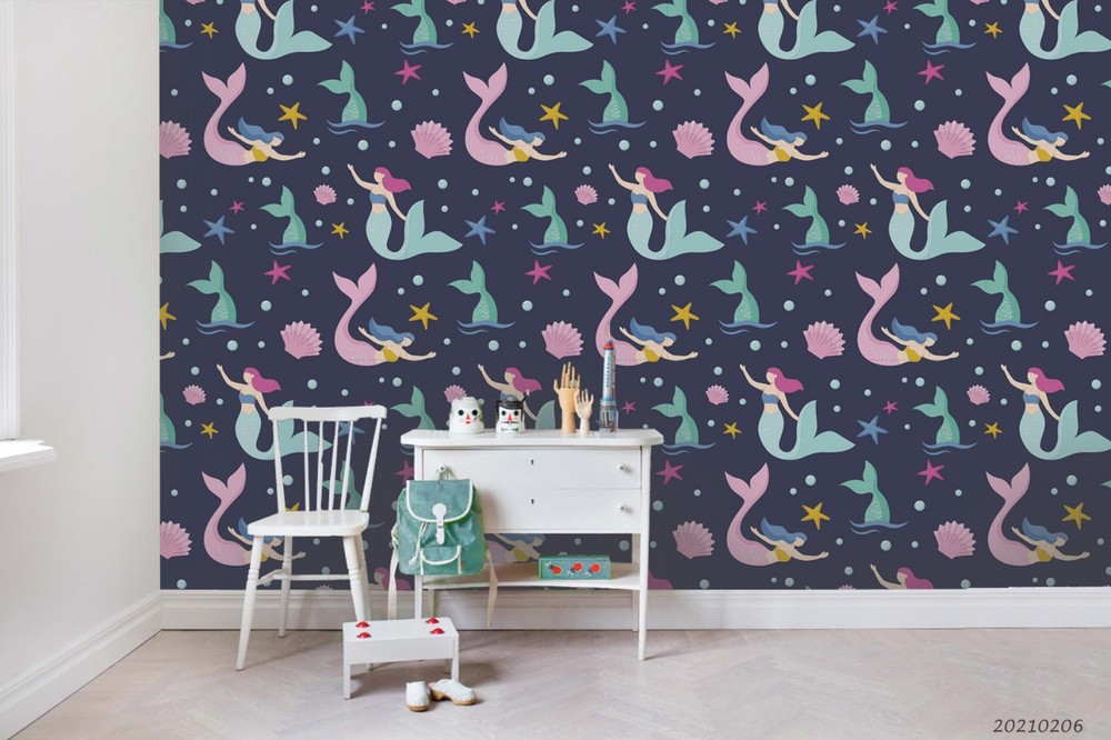 3D Mermaid Seashell Starfish Pattern Wall Murals Wallpaper Murals Wall Sticker