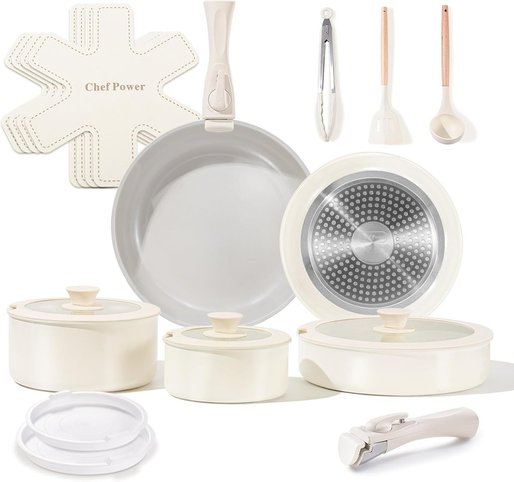 Chef Power 19-Piece Ceramic Nonstick Cookware Set in Granite Grey and Cream White