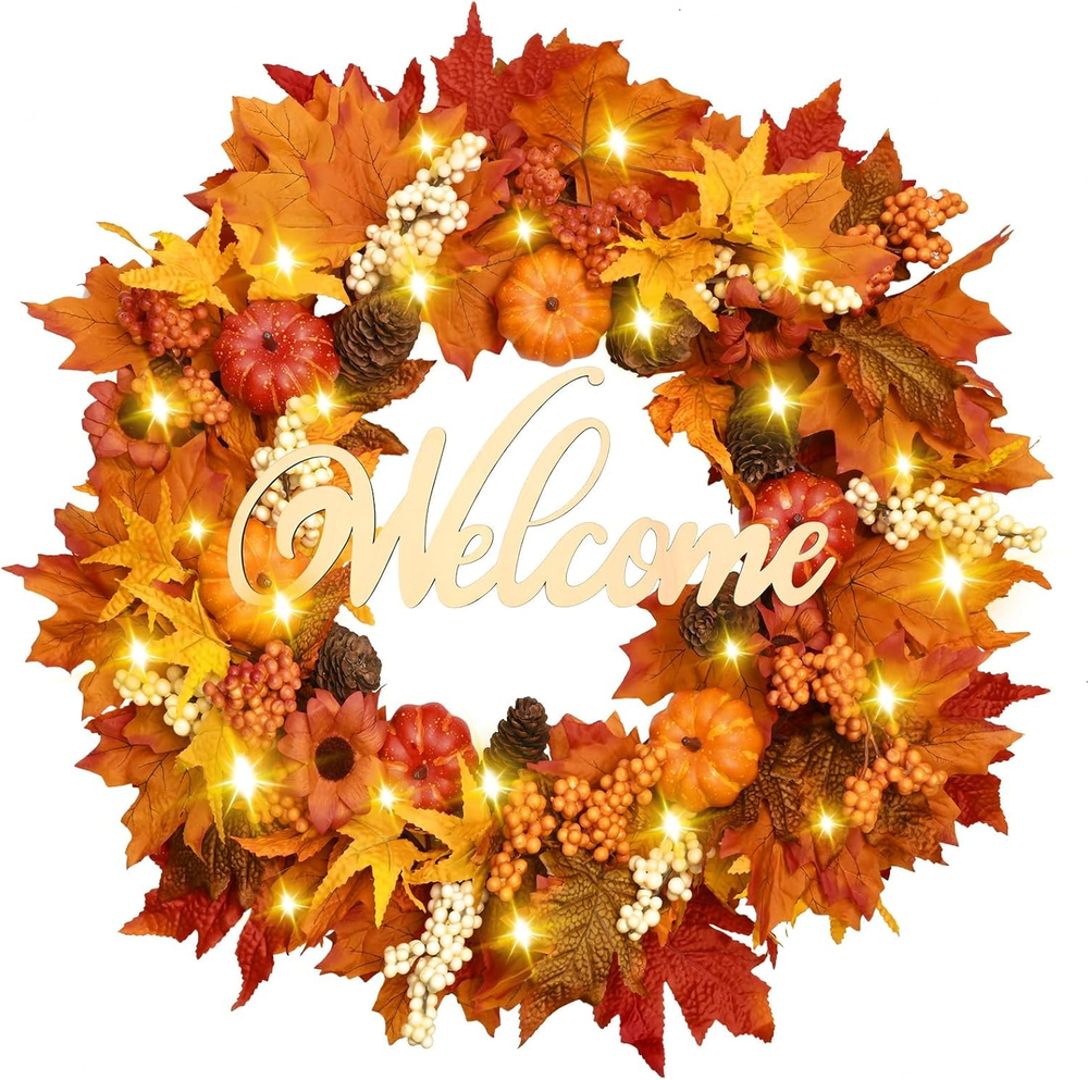 Autumn Wreath with Lights for Front Door - Fall Welcome Decor