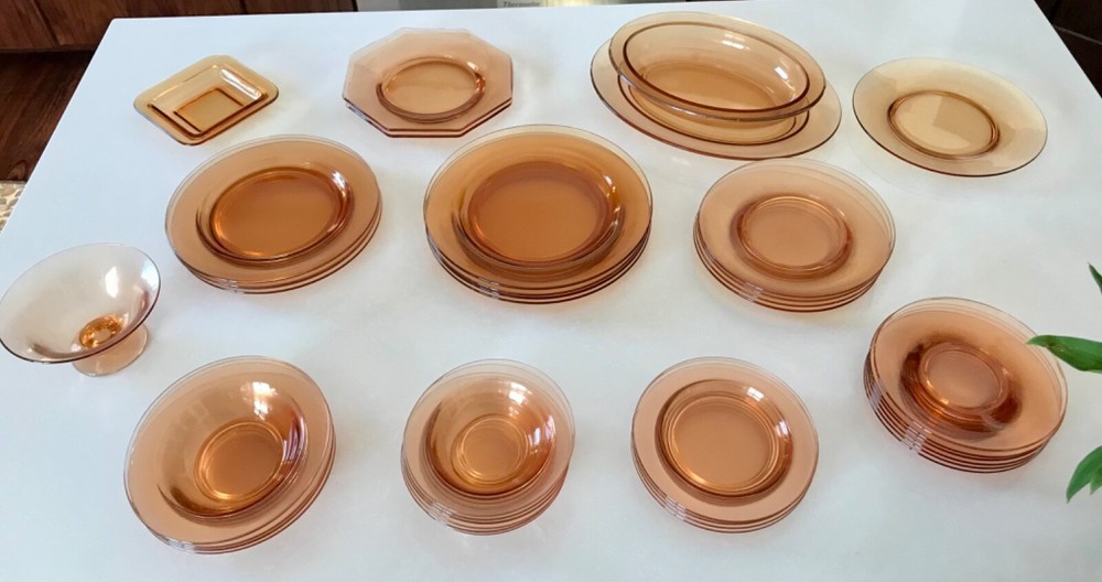 39 PC Vintage Original Amber Depression Era Glass Dish Set 1930s w/ Serving Pcs