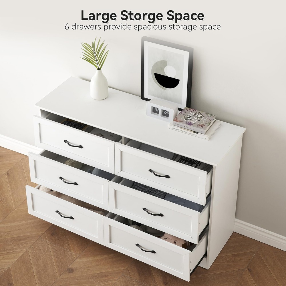 6 Drawers Dresser Double Wood Storage Dressers Chests of Drawers for Bedroom