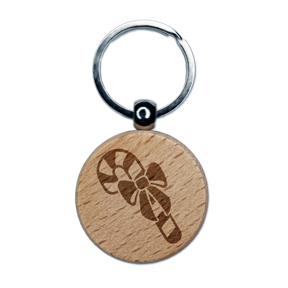 Candy Cane Christmas Wood Keychain Charm with Engraved Bow Design  