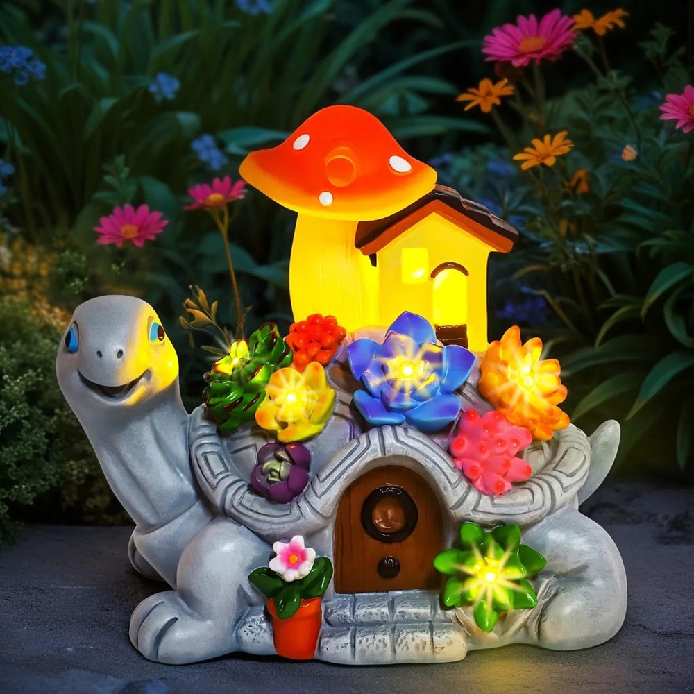 Solar Turtle Garden Statue with Succulents & 7 LED Lights for Outdoor Decor