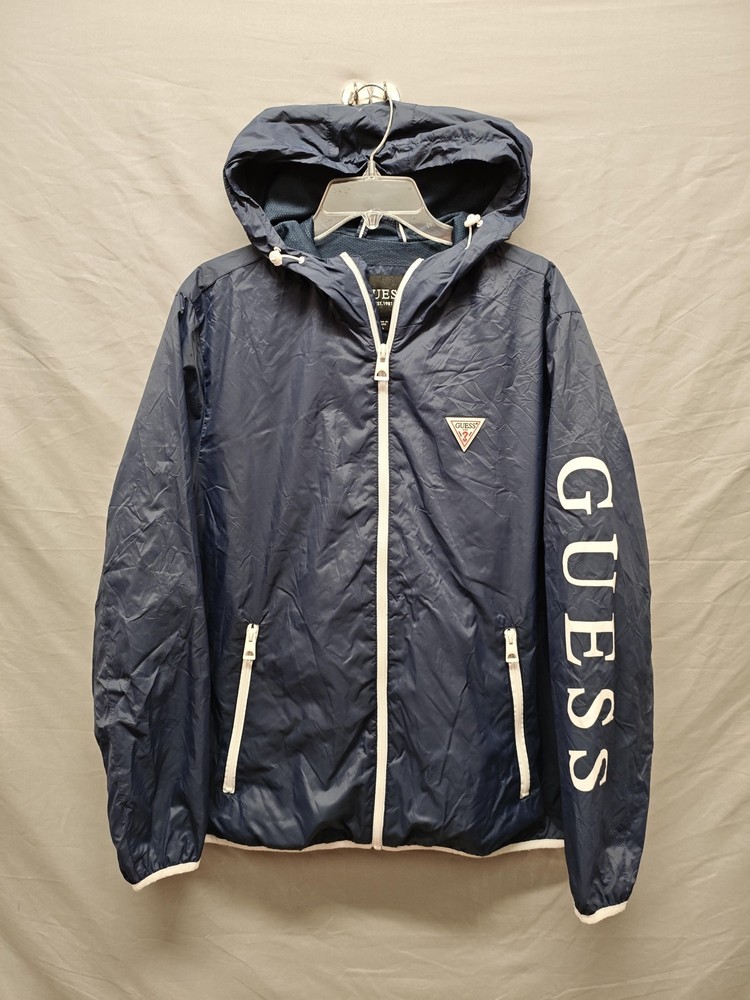 GUESS Jacket Mens Large Navy Hooded Windbreaker Full Zip Mesh Lined Sleeve Logo