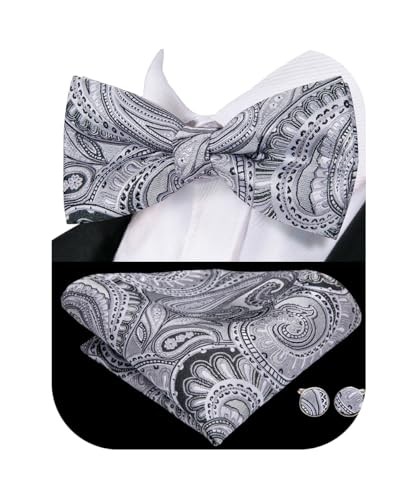 Men's Gray Paisley Pre-Tied Bow Tie Set with Pocket Square & Cufflinks