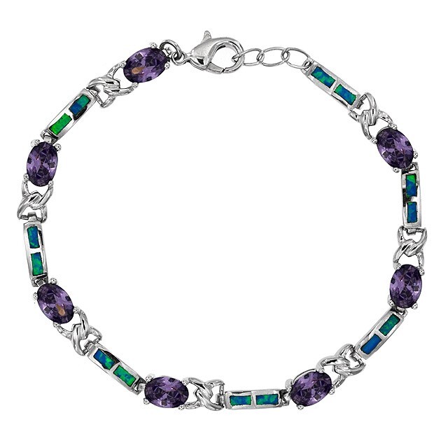 4CT Amethyst & Australian Opal Inlay 925 Sterling Silver Tennis Bracelet OB5