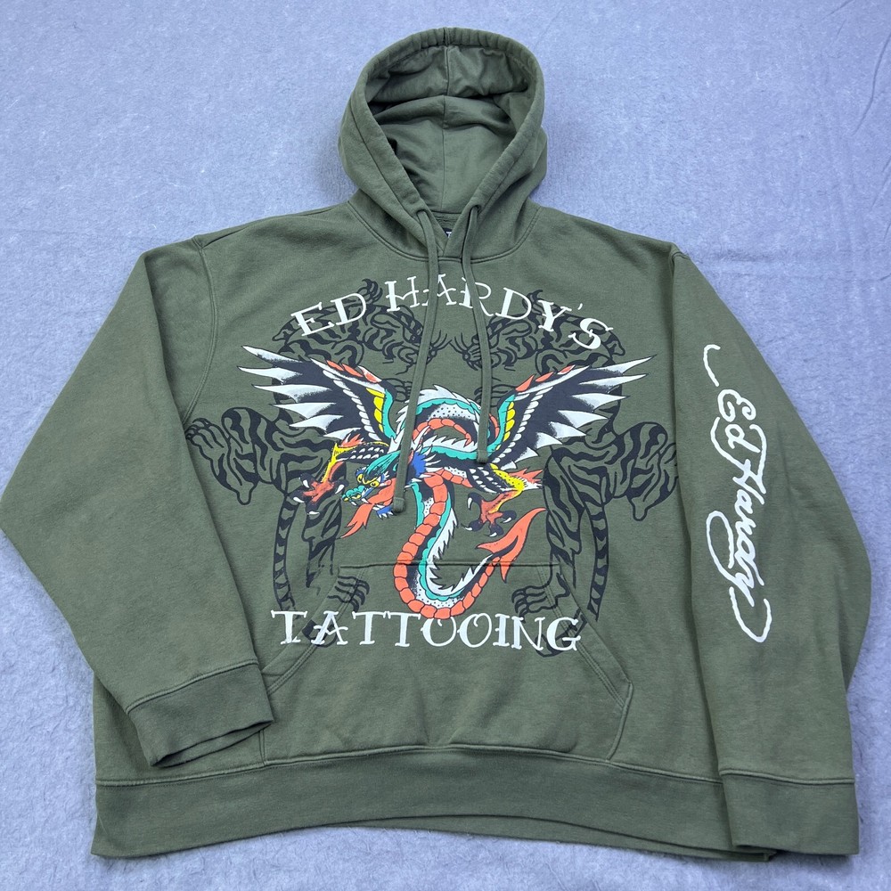 Ed Hardy Mens XXL Green Dragon Spellout Hoodie Pullover Sweatshirt