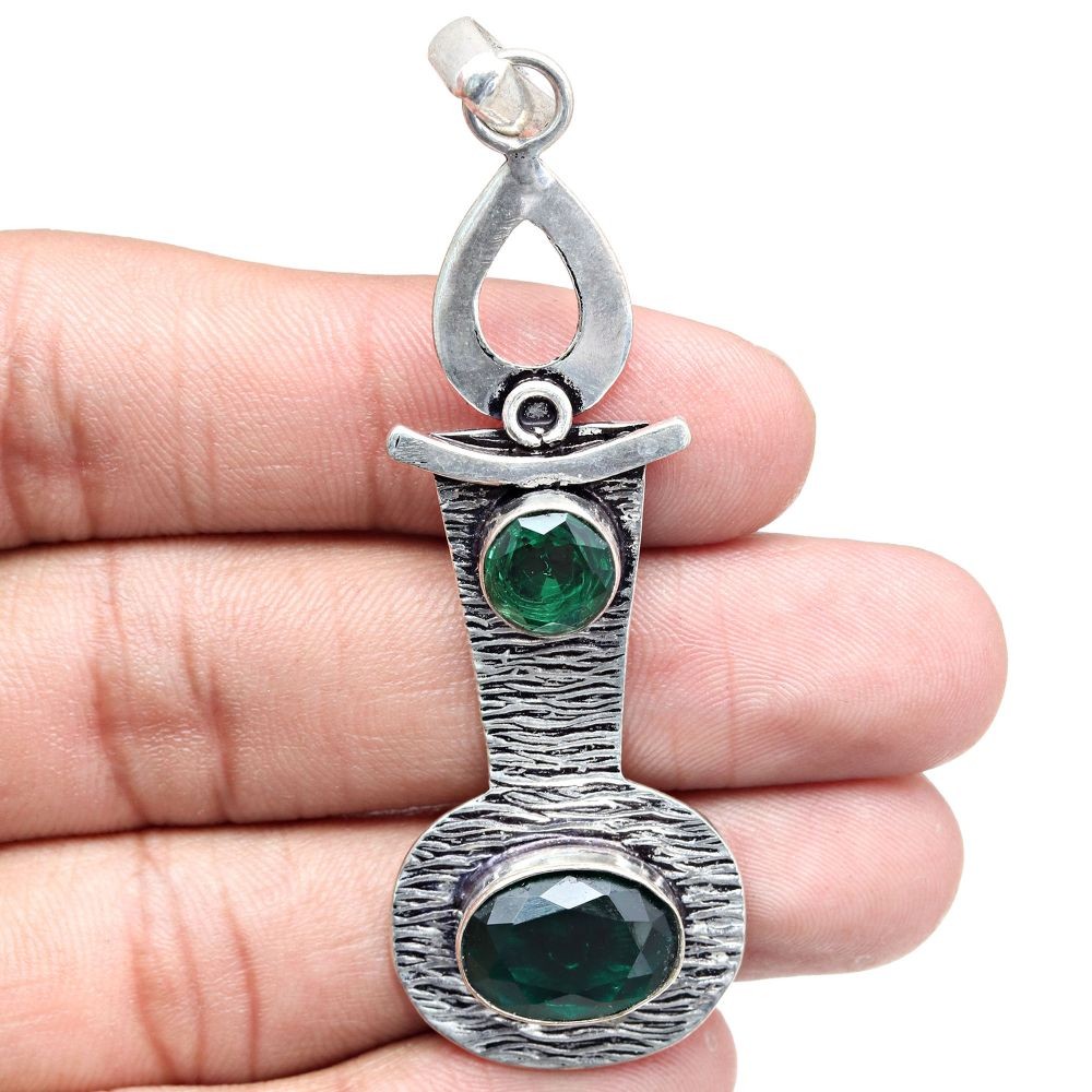 Emerald Quartz Pendant Silver Jewelry Gift for Women 2.25 Inch
