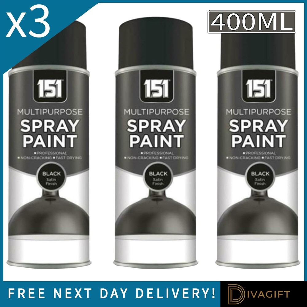 3 x BLACK SATIN FINISH SPRAY PAINT 400ML AEROSOL FOR METAL WOOD PLASTIC NEW