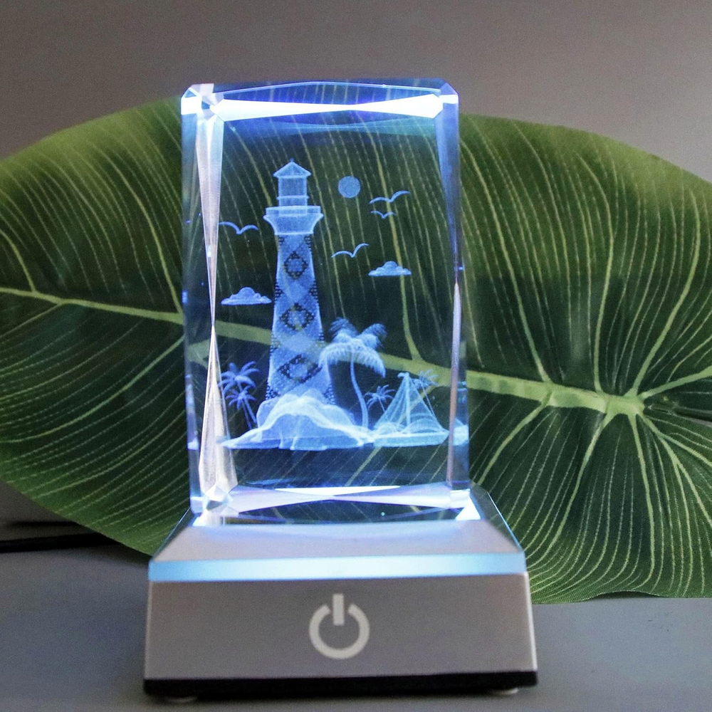 3D Crystal Lighthouse Night Light with Stand Base - Elegant Home Decor Gift