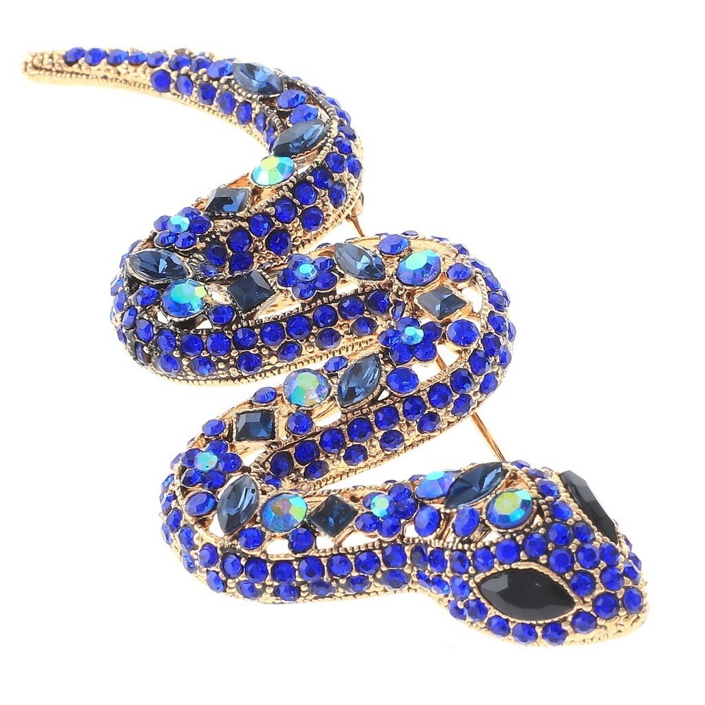 Antique Gold Tone Metal Large Crystal Snake Brooch P1395-SAP