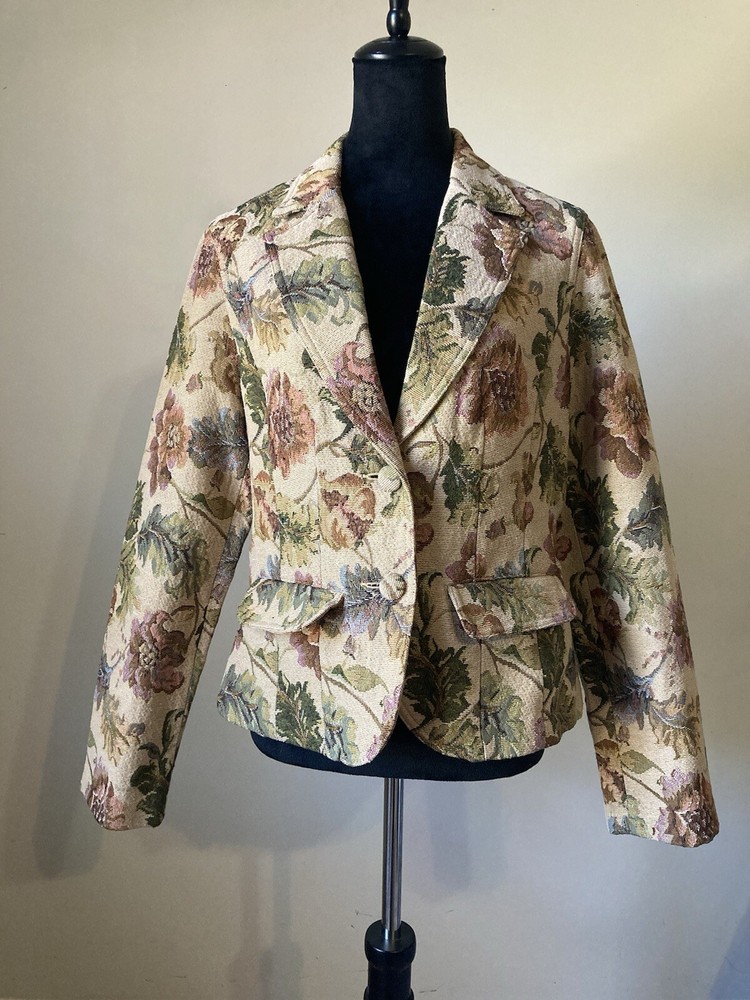 Vtg Crazy Horse By Liz Claiborne Floral Tapestry Blazer Jacket L Boho Equestrian