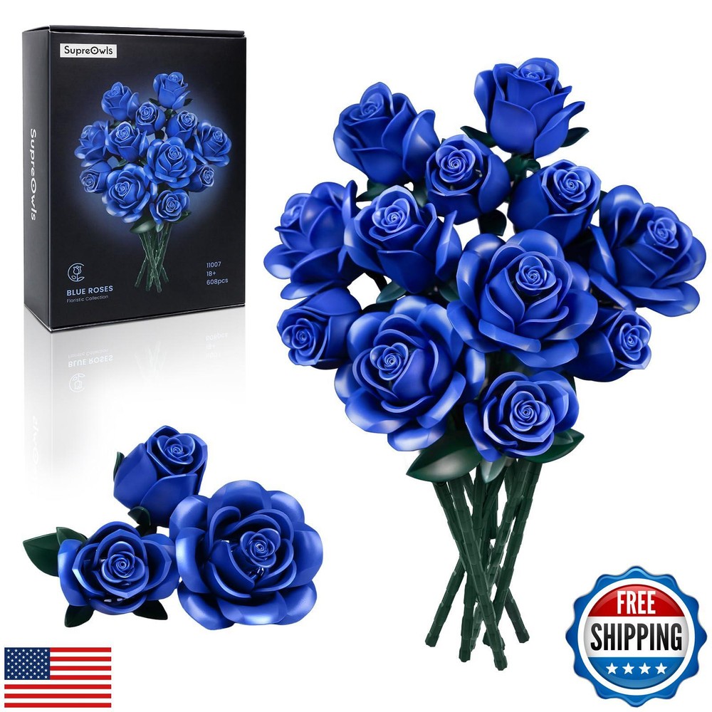 Blue Roses Bouquet Building Blocks Kit for Adults - Artificial Floral DIY Set