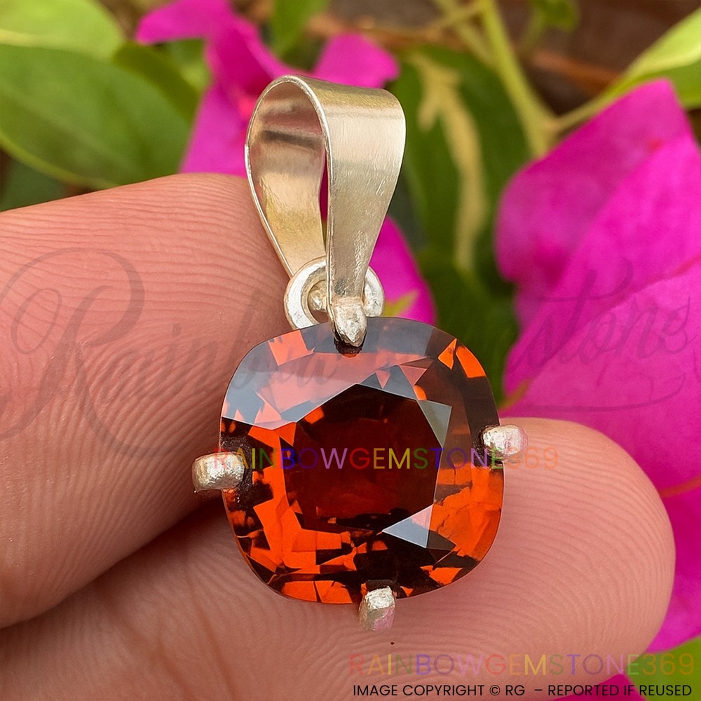 16.15 Ct Natural Hessonite Garnet Cushion Gemstone 925 Sterling Silver Pendant