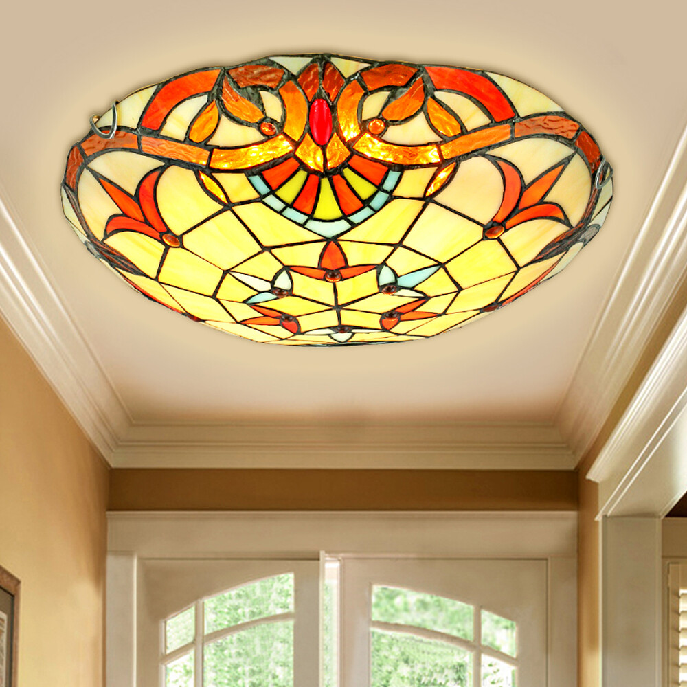 Tiffany Style Ceiling Lamp Flower Motif Stained Glass Flush Mount Light Fixture