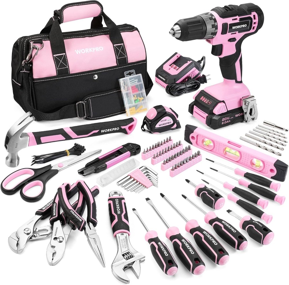 Pink WORKPRO 20V Drill & 157PCS Household Tool Kit for Women  