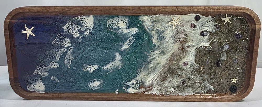 Nautical Wood Serving Tray with Ocean Waves Starfish 3D Epoxy Resin Beach Decor  