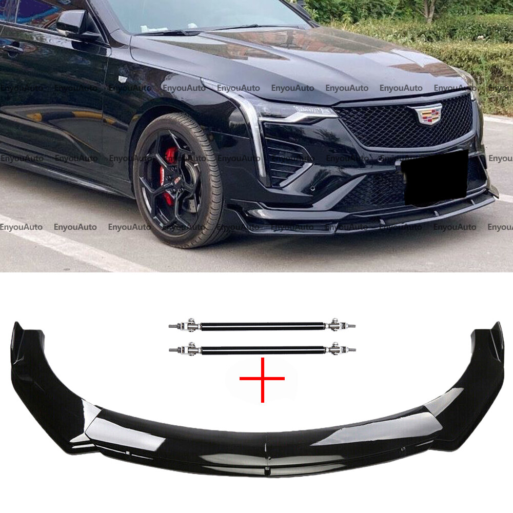 Glossy Black Front Bumper Lip Spoiler with Strut Rods for Cadillac XT4 XT5 XT6
