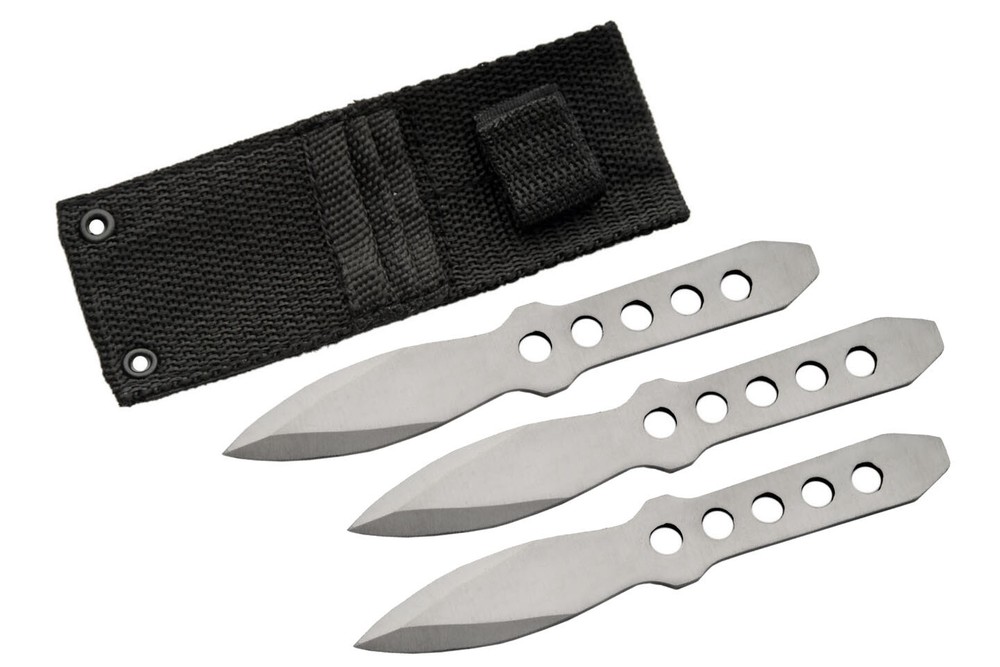 New Throwing Knives 3 Piece Set 5in. Stainless Steel Silver + Black Nylon Sheath