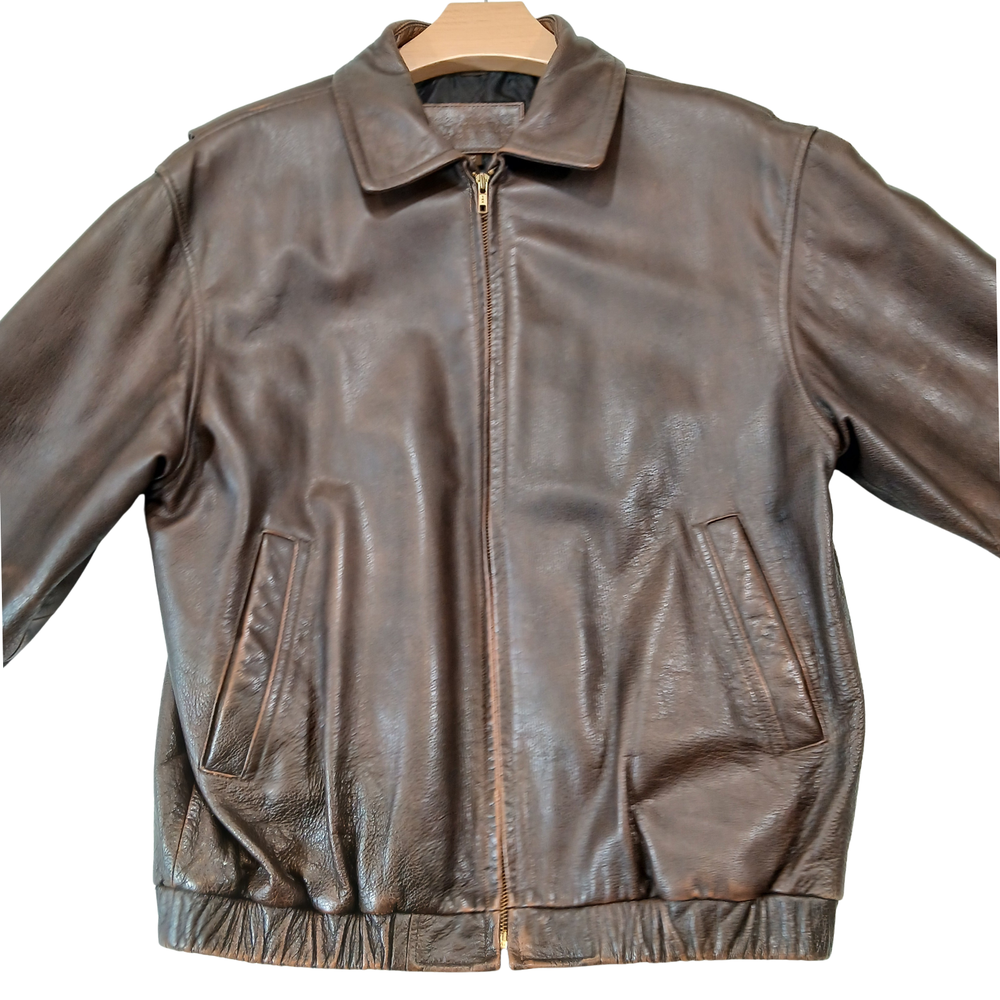 St Johns Bay Brown Leather Bomber Jacket Mens Medium Quilted Lining Vintage