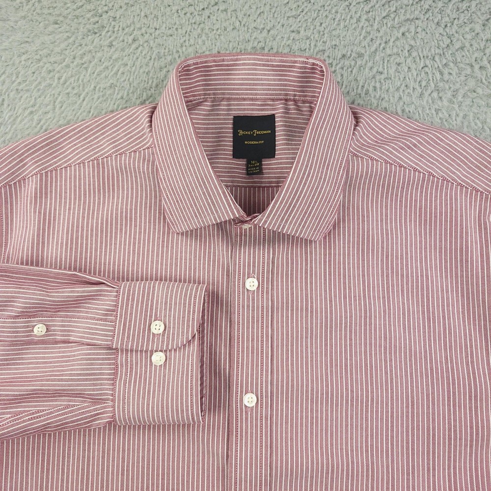Hickey Freeman Shirt Mens 16.5 32/33 Red White Stripe Modern Fit Dress