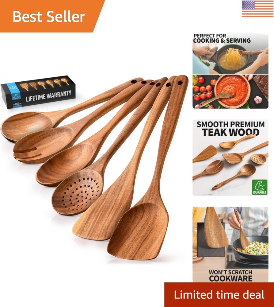 6-Piece Wooden Spoons for Cooking - Smooth Finish Teak Wooden Utensils for Co...