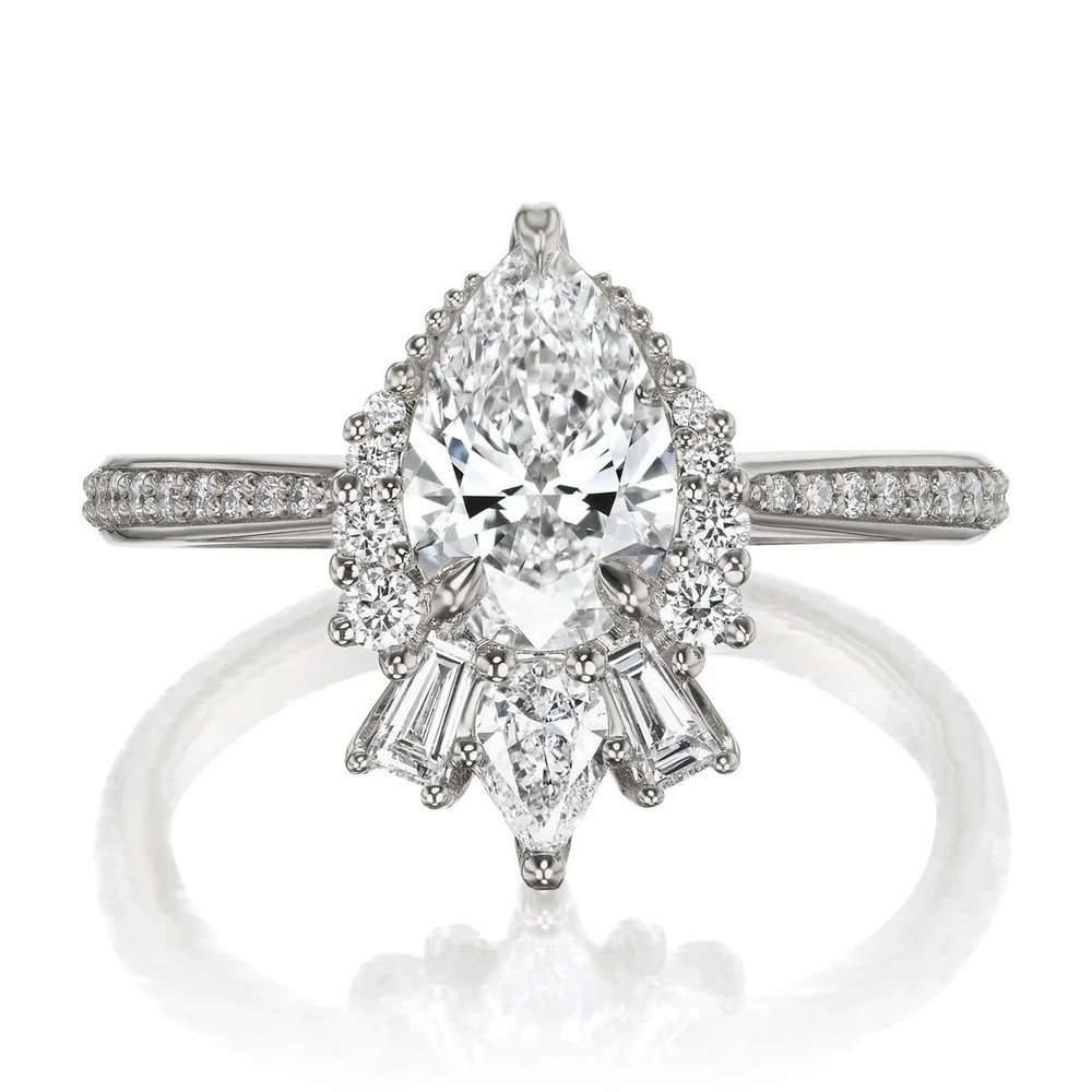 Pear Cut Moissanite Accents Halo Engagement Rings 1.47ctw 14k White Gold