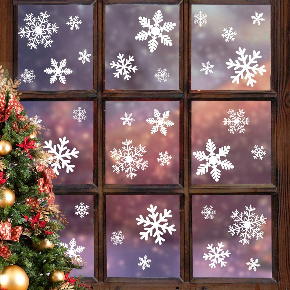 Frosty 135Pcs Christmas Window Clings Snowflakes Window Decals Static Window Sti