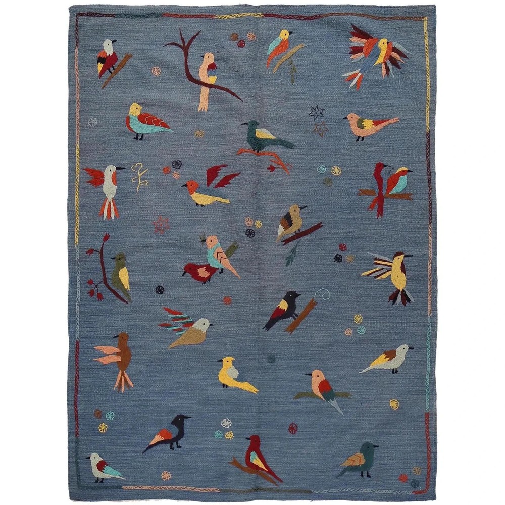 Handmade Hand Knotted Kilim Dhurrie Rug Color Blue Animal Design Carpet Rug