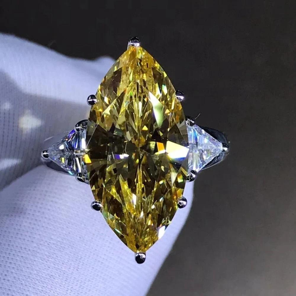 8 Carat Marquise Cut 18K Gold Moissanite Ring Vivid Yellow VVS Three-stone