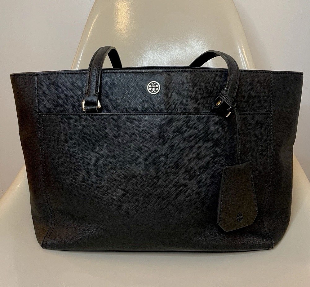 Tory Burch Tote Bag Womens Black Leather Outer Pocket Dual Handle Solid