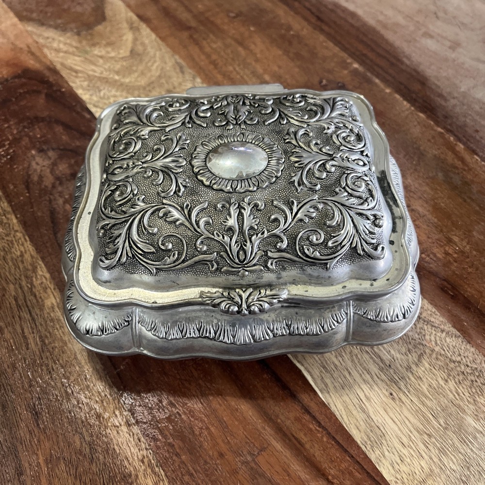 Vintage Silver Toned Trinket Jewelry Box With Red Velvet Lining