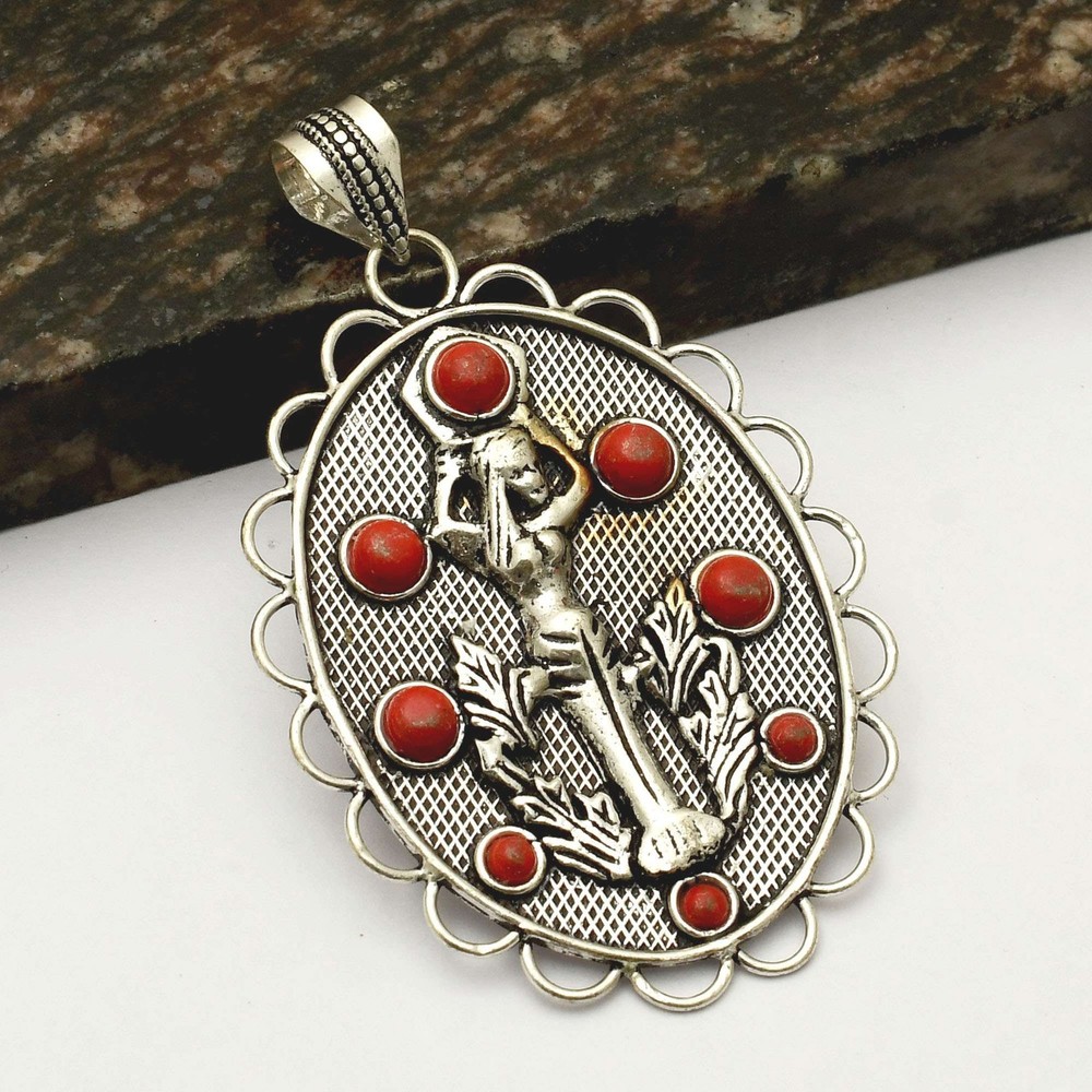 Coral Gemstone Handmade Mermaid Pendant Necklace Gift for Women 2.88 Inch AP-43269