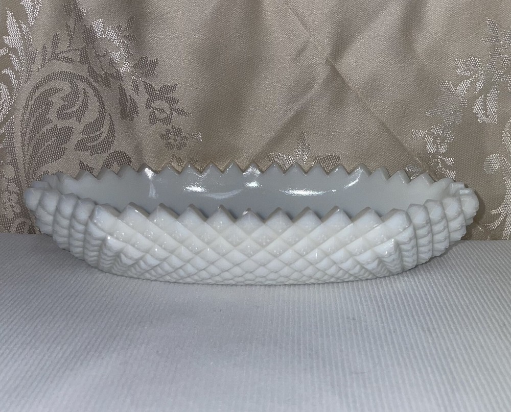 Vintage English Milk Glass Sawtooth Diamond Cut 8-Inch Oval Bowl