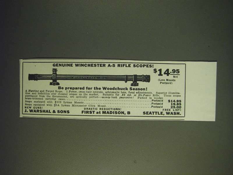1936 J.W. Warshal & Sons Winchester A-5 Rifle Scope Vintage Ad