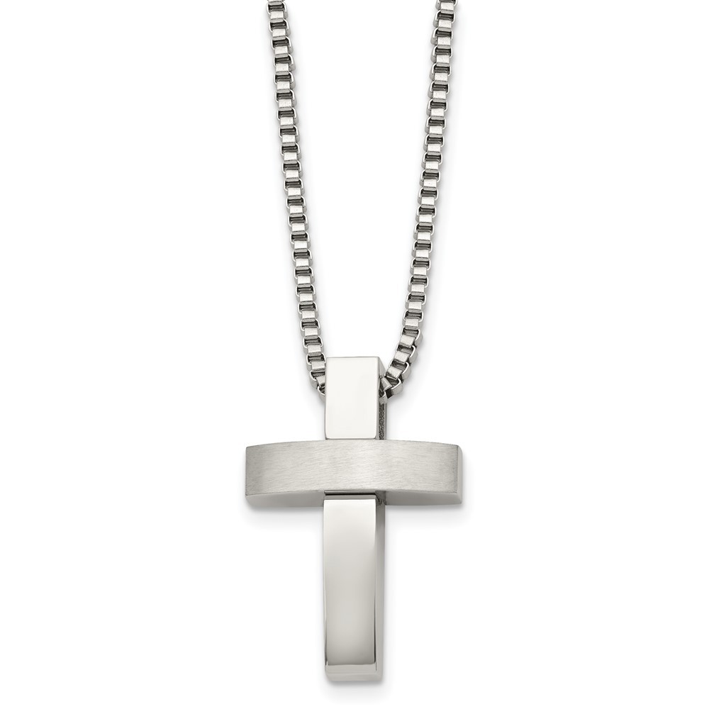 Stainless Steel Brushed Polished Cross Pendant Necklace with 22 Inch Box Chain