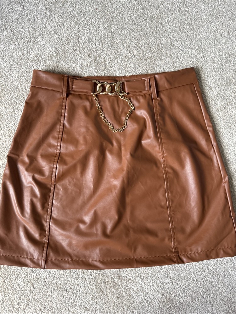 Ladies Lightweight Brown Faux Leather Mini Skirt Size L