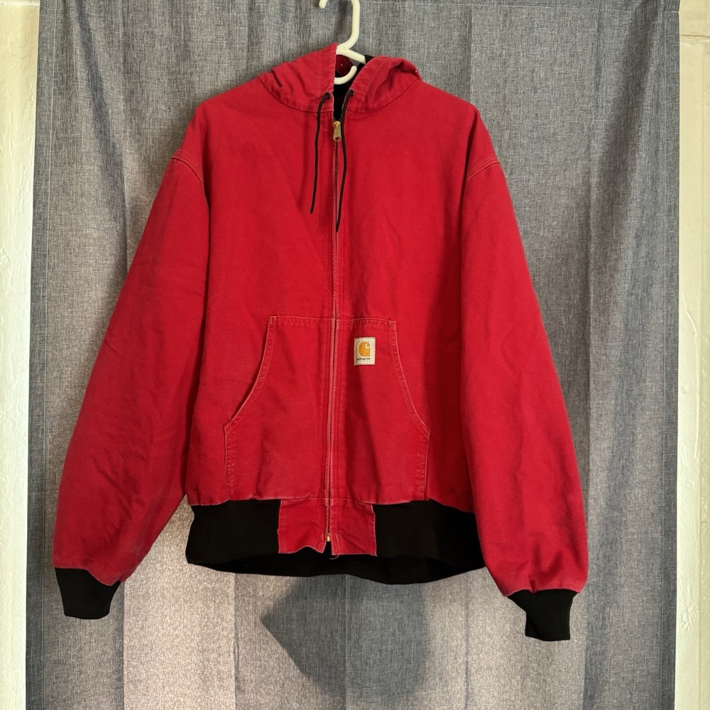 Vintage Carhartt J04 Hooded Jacket Mens 2XL Red Canvas Duck Quilt Lined USA