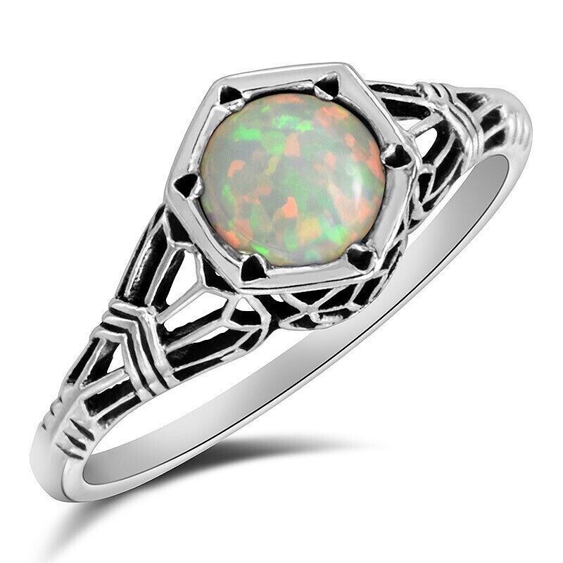 1CT Natural Fire Opal 925 Solid Sterling Silver Victorian Style Ring Sz 9 ZF-3