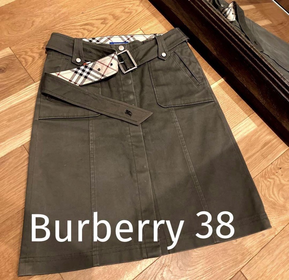 Burberry Blue Label Khaki Trapezoid Skirt 38 Stretch Belted Nova Check Japan