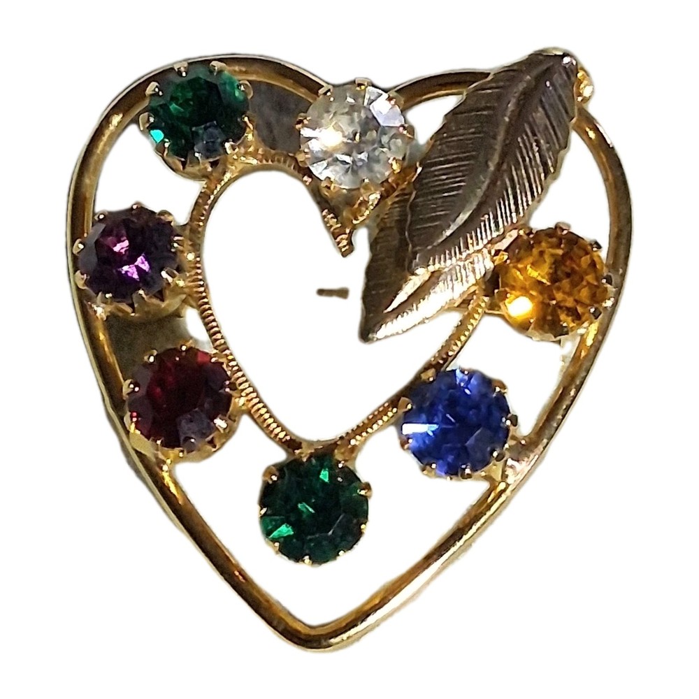 Vintage Avon Multi-Color Rhinestone Heart Brooch Gold Tone Feather Leaf Pin
