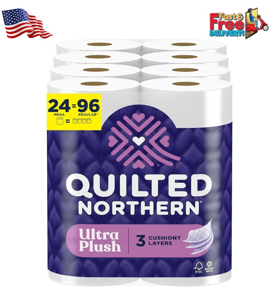24 Mega = 96 REGULAR ROLLS 3Ply Quilted Northern Ultra Plush Toilet Paper