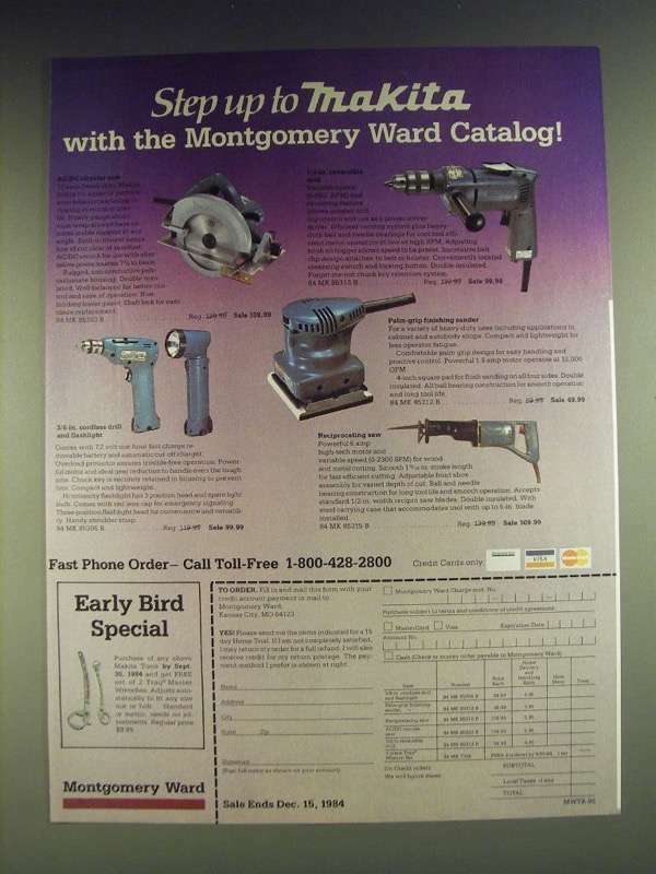 1984 Montgomery Ward Makita Power Tools Ad Featuring Circular Saw Drill and Sander