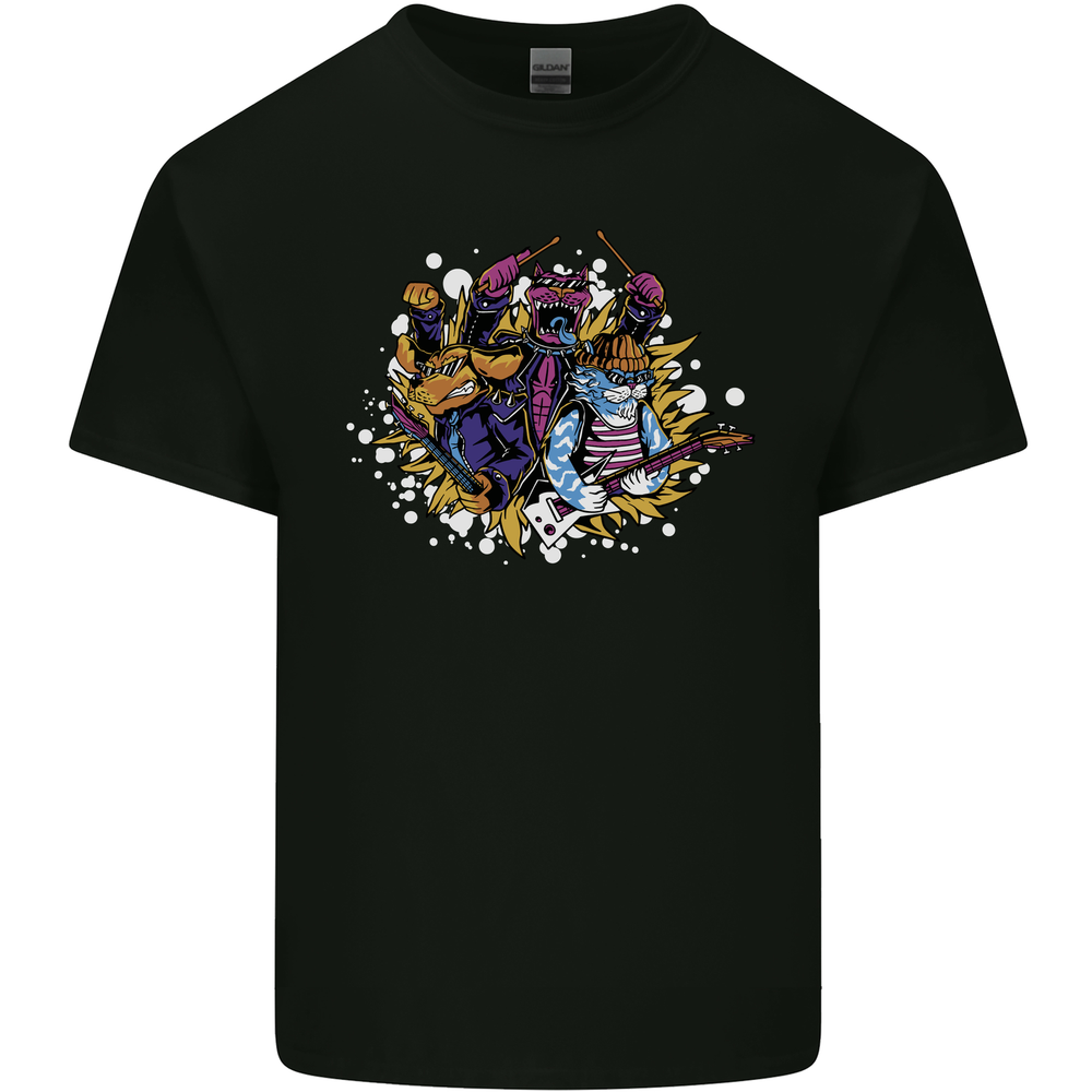 Cat & Dog Rock Band Music Guitar Drums Mens Cotton T-Shirt Tee Top